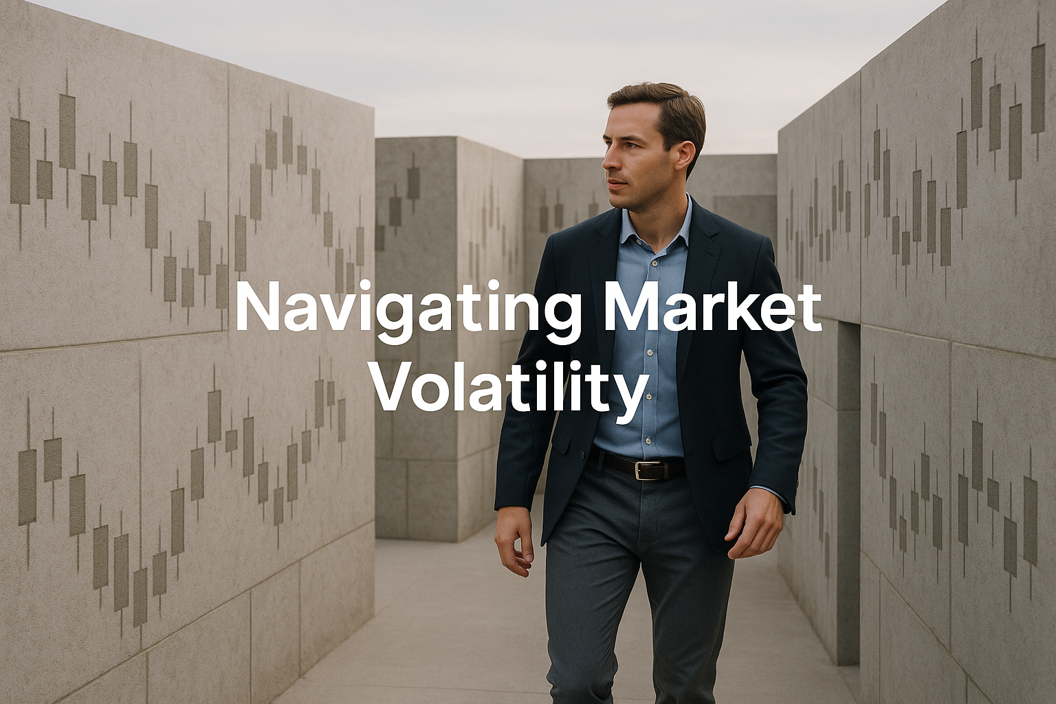 A confident man in business attire walks through a stone maze with candlestick chart patterns etched on the walls, symbolizing navigating market volatility.