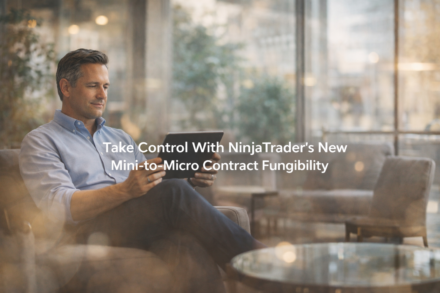 A focused trader works on an iPad in a softly lit, modern lounge with a calm professional feel.