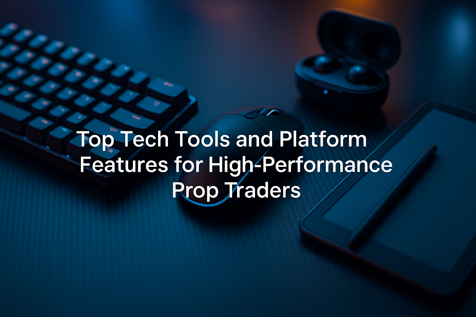 A close-up image of high-tech trading tools including a keyboard, mouse, earbuds, and digital notepad on a carbon-fiber desk with warm orange ambient lighting.